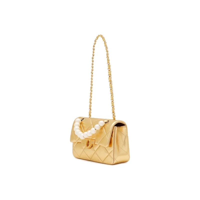 Miss Kung Sheepskin Pearl Diamond Pattern Chain Bag, Shoulder Bag, Crossbody Bag Medium Size Unisex Tubas Plaid Gold-0