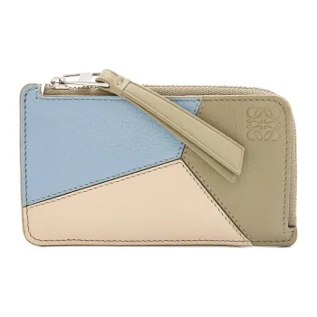 LOEWE Puzzle Cow Leather Coin Card Holder Women's Gray Blue/Laurel Green