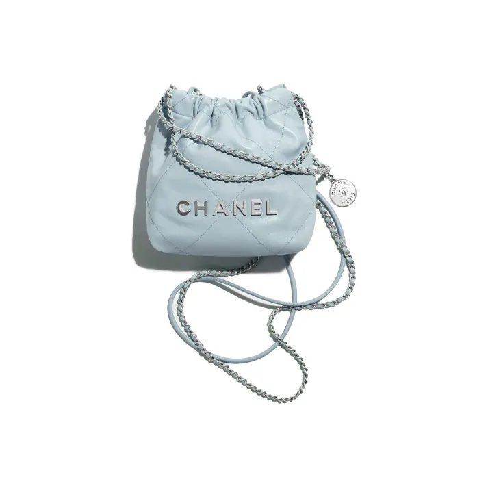 CHANEL 22Bag Bright Calfskin Bucket Bag, Shoulder Bag, Crossbody Bag Mini Women's Cream Blue Baby Blue-0