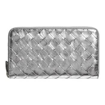 Bottega Veneta Zip Around Wallet Intrecciato Silver