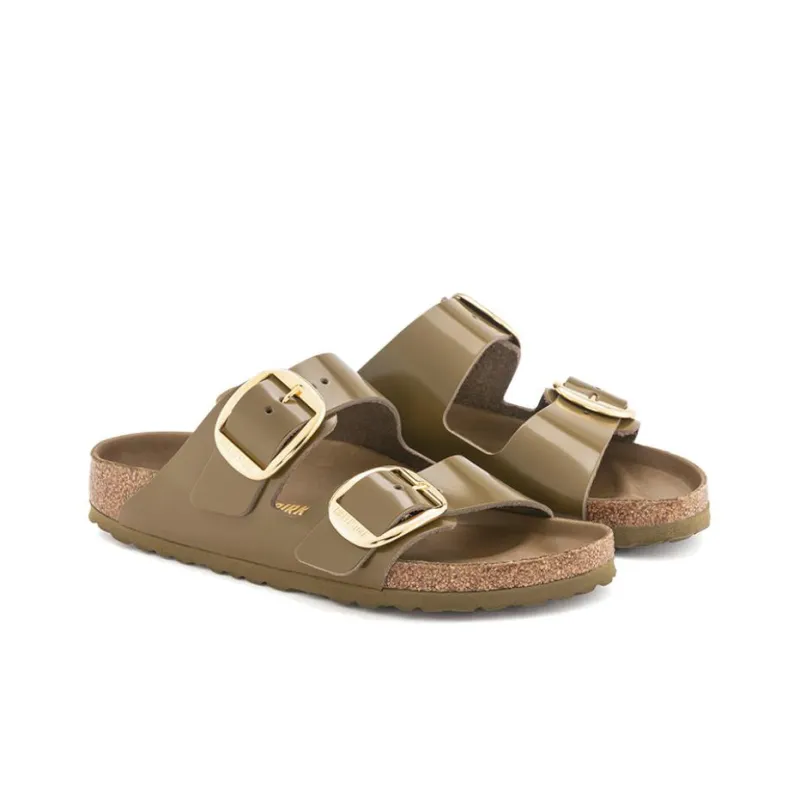 Birkenstock Arizona Big Buckle Natural Leather Patent Narrow Fit Sandals 'High Shine Mud Green' Women's-2
