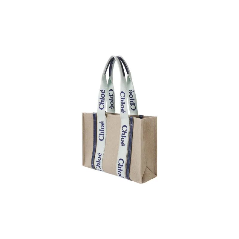 Chloe Woody Linen Canvas With Calfskin Canvas Bag Tote Bag Shopping Bag Handbag Women's Beige/Green/Blue-1