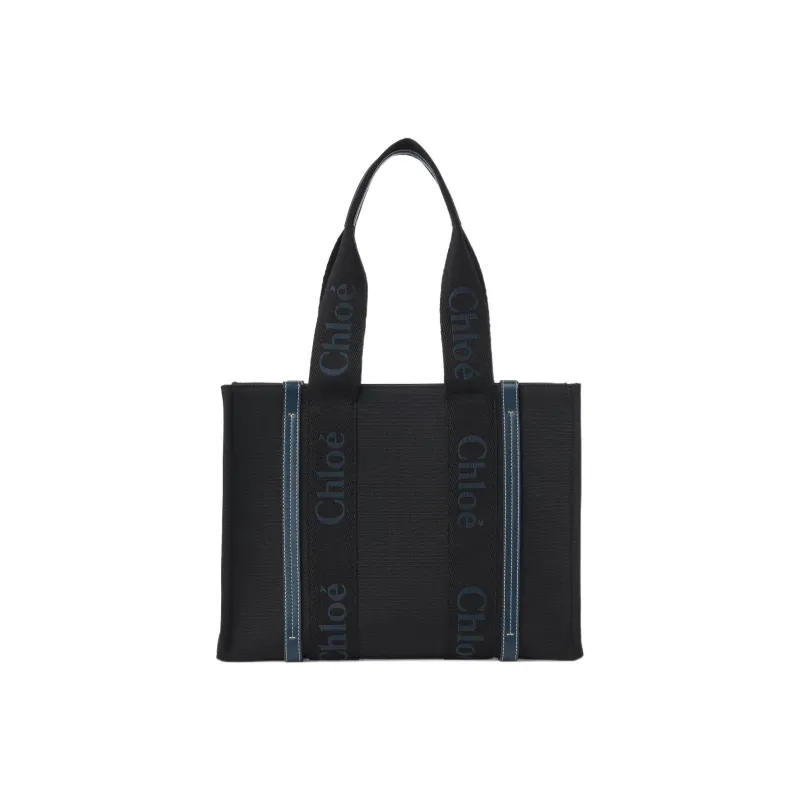 Chloe Woody Linen Canvas With Calfskin Canvas Bag Tote Bag Shopping Bag Handbag Women's Black/Green-2