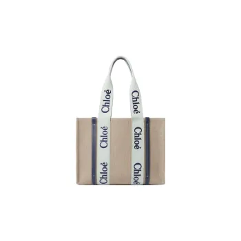 Chloe Woody Linen Canvas With Calfskin Canvas Bag Tote Bag Shopping Bag Handbag Women's Beige/Green/Blue