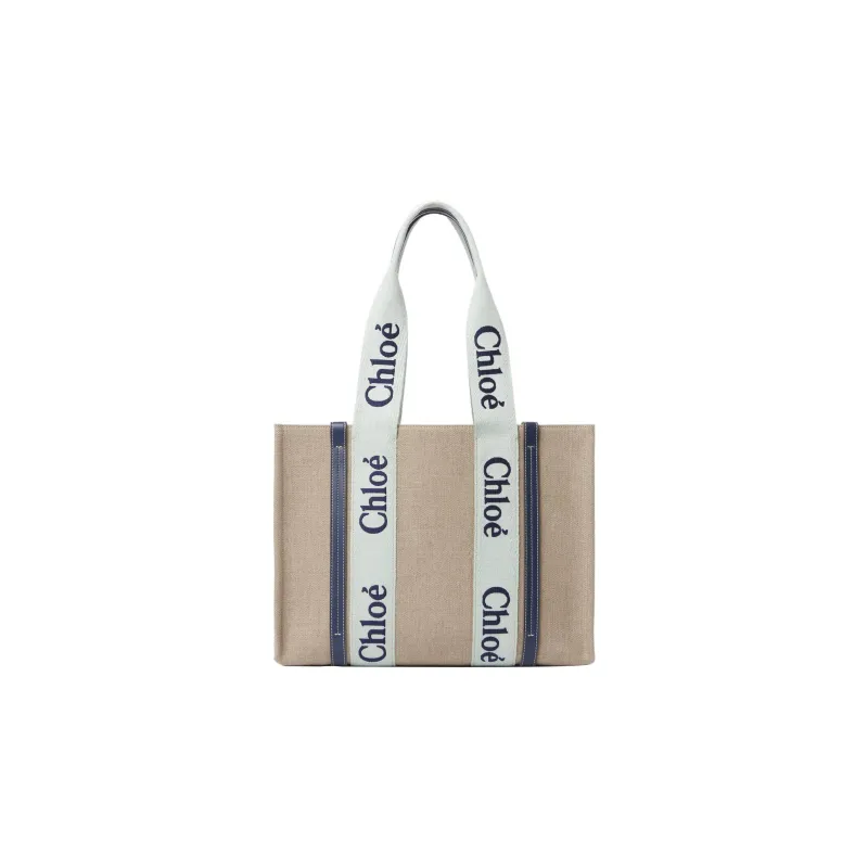 Chloe Woody Linen Canvas With Calfskin Canvas Bag Tote Bag Shopping Bag Handbag Women's Beige/Green/Blue-0