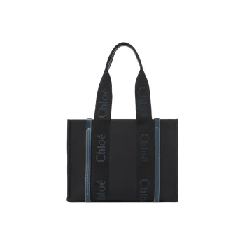 Chloe Woody Linen Canvas With Calfskin Canvas Bag Tote Bag Shopping Bag Handbag Women's Black/Green