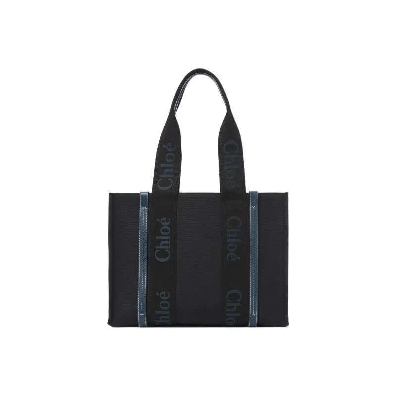 Chloe Woody Linen Canvas With Calfskin Canvas Bag Tote Bag Shopping Bag Handbag Women's Black/Green-0
