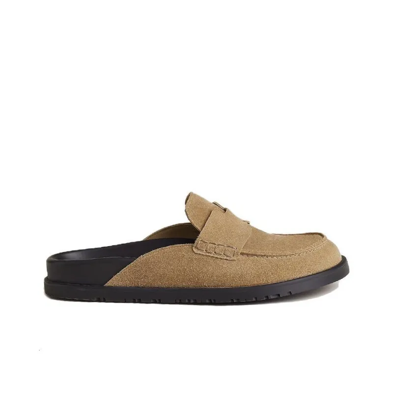 HERMES Go Mule Beige Argile Suede Calkskin Men's-1