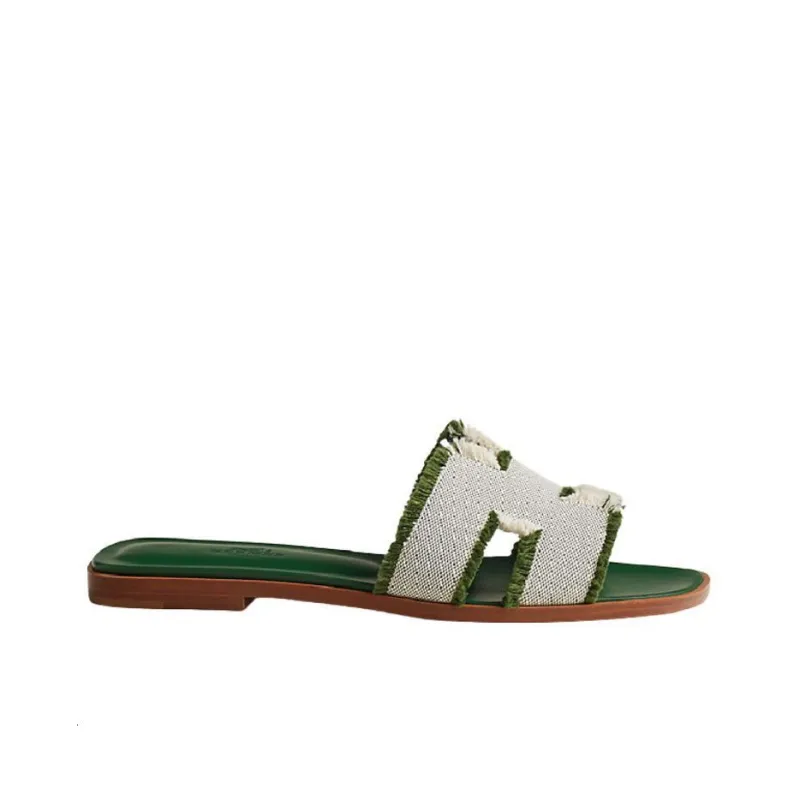 HERMES Oran Sandal Vert Canvas-1
