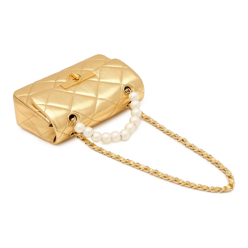 Miss Kung Sheepskin Pearl Diamond Pattern Chain Bag, Shoulder Bag, Crossbody Bag Medium Size Unisex Tubas Plaid Gold-2