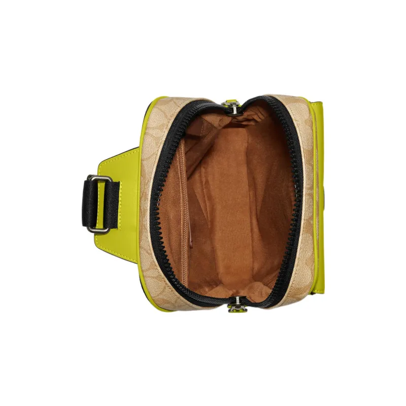 COACH Track Canvas With Calfskin One Shoulder Crossbody Fanny Pack Sling Bag Small Size Men's Light Khaki & Lemon-2