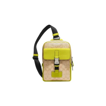 COACH Track Canvas With Calfskin One Shoulder Crossbody Fanny Pack Sling Bag Small Size Men's Light Khaki & Lemon