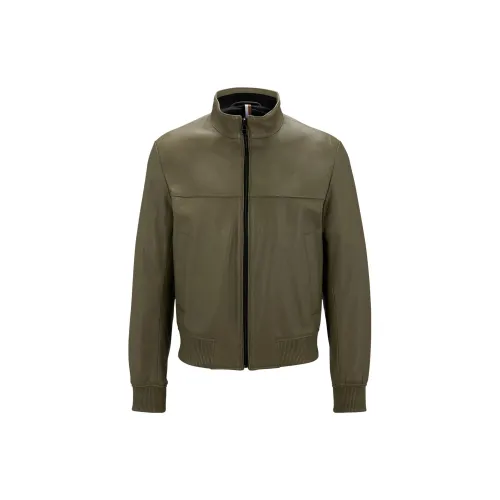 HUGO BOSS Leather Jackets Men Olive Green