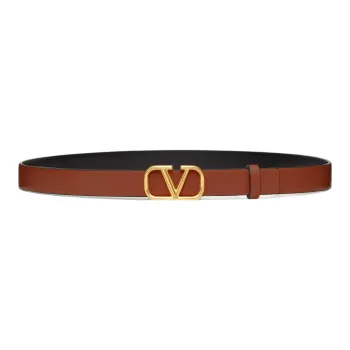 Valentino Logo Emblem Double Sided Smooth Buckle Leather Belts Women's Brown Width 2CM