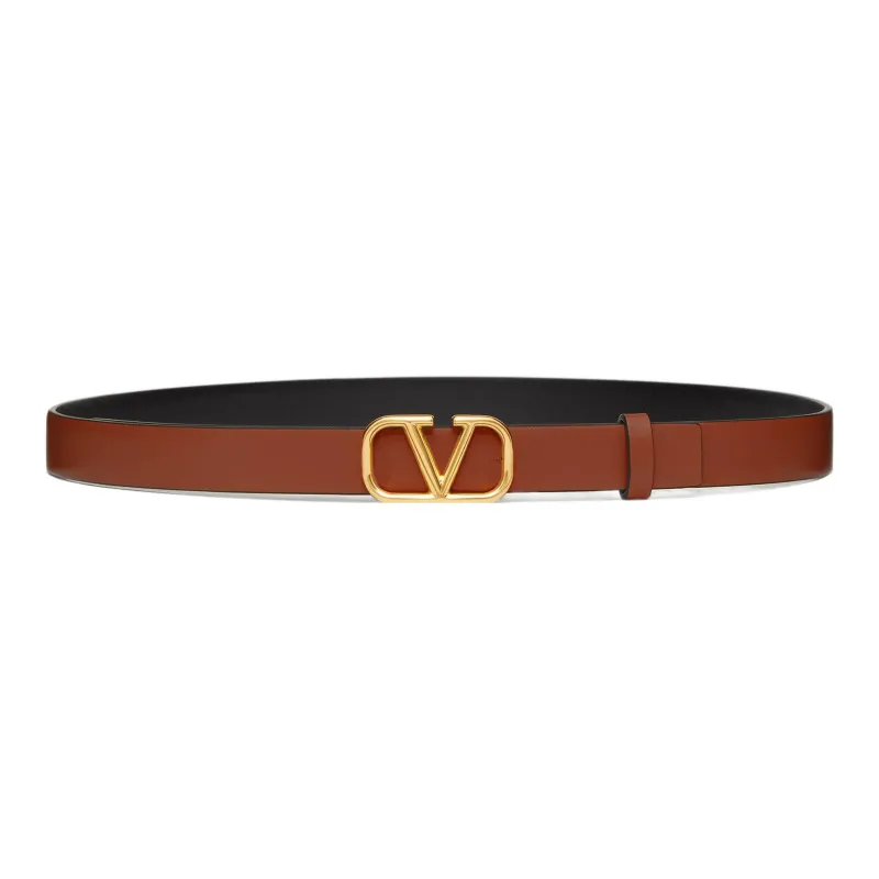 Valentino Logo Emblem Double Sided Smooth Buckle Leather Belts Women's Brown Width 2CM-0