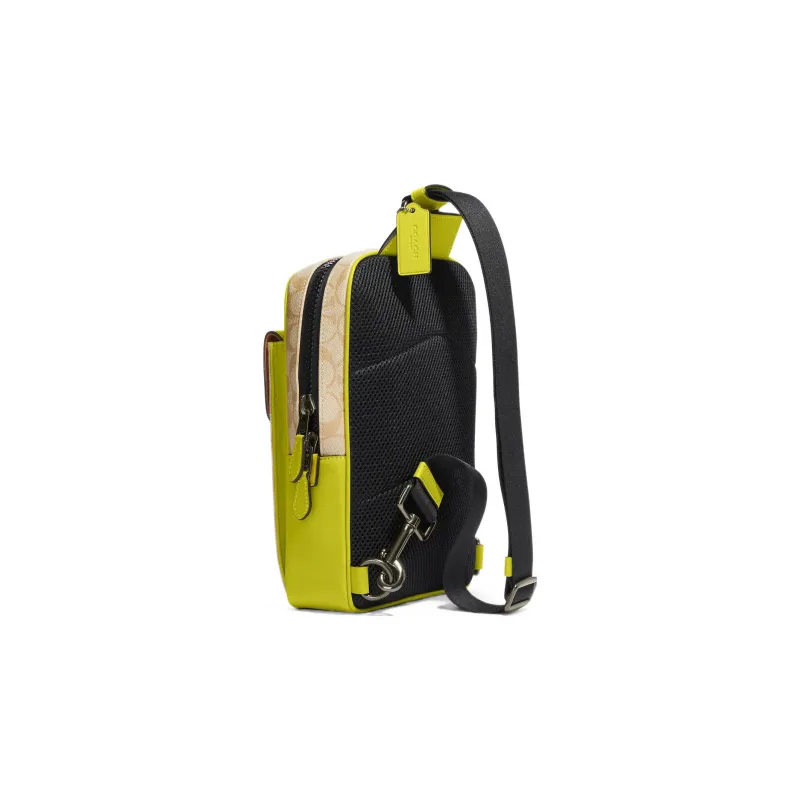 COACH Track Canvas With Calfskin One Shoulder Crossbody Fanny Pack Sling Bag Small Size Men's Light Khaki & Lemon-1