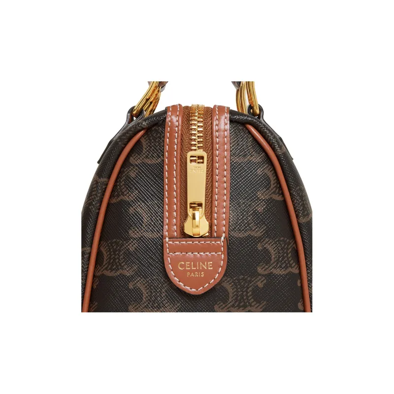 CELINE Triomphe Canvas With Leather Boston Bag, Shoulder Bag, Crossbody Bag, Handbag Trumpets Women's Tan-7