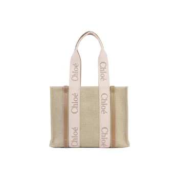 Chloe Woody Linen Canvas With Calfskin Canvas Bag Tote Bag Shopping Bag Shoulder Bag Handbag Regular Women's Pink/Beige