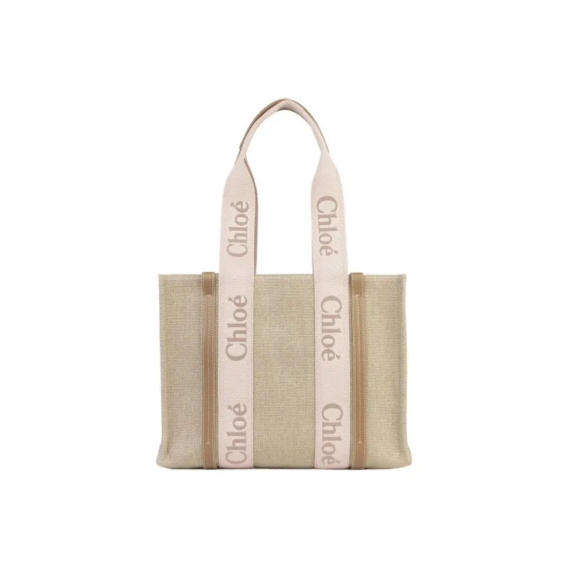 Chloe Woody Linen Canvas With Calfskin Canvas Bag Tote Bag Shopping Bag Shoulder Bag Handbag Regular Women's Pink/Beige-0