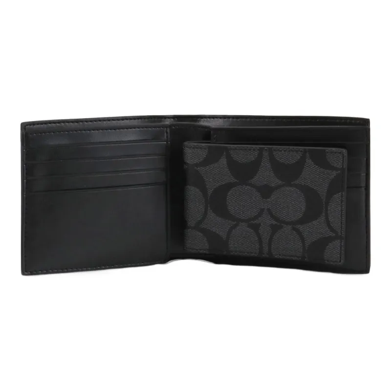 COACH 3 IN 1 Wallet Canvas With Leather 3 in 1 Wallet Men's Old Flower Black/Blue White Stripes-4