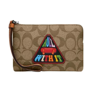 COACH Corner Zip Canvas With Leather Wallet Wrist Bag Clutch Small Size Women's Brown
