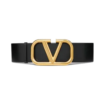 Valentino Logo Emblem Double Sided Smooth Buckle Leather Belts Women's Black Width 7cm
