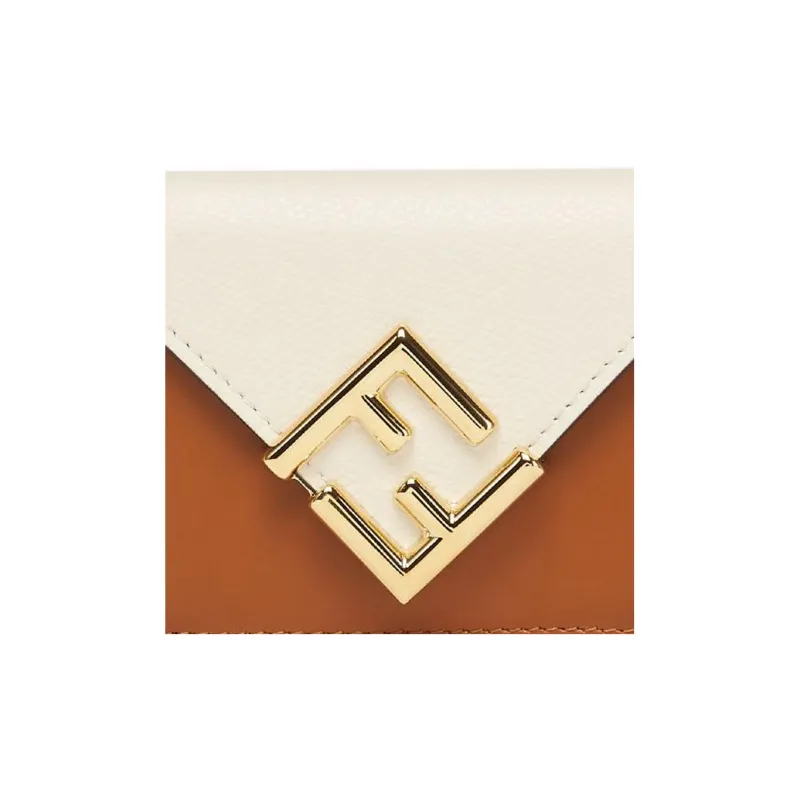 FENDI Leather Money Clip Card Holder Wallet Medium Size Women's White/Brown-4