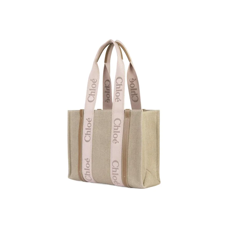 Chloe Woody Linen Canvas With Calfskin Canvas Bag Tote Bag Shopping Bag Shoulder Bag Handbag Regular Women's Pink/Beige-1