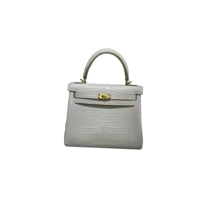 HERMES Kelly Matte Crocodile Leather Kelly Bag Handbags Regular Women's 8L Beton Glacier White-0