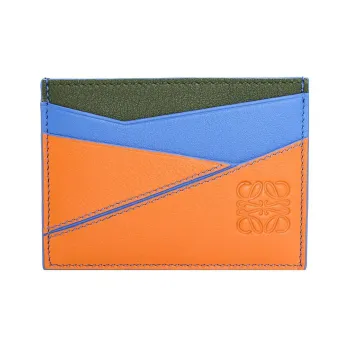 LOEWE Puzzle Cow Leather Card Holder Men's Seaside Blue/Dark Green/Bright Orange