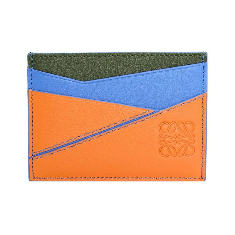 LOEWE Puzzle Cow Leather Card Holder Men's Seaside Blue/Dark Green/Bright Orange-0