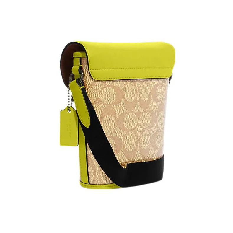 COACH Track Canvas With Calfskin Shoulder Bag, Crossbody Bag Small Size Men's Lemon & Khaki-1