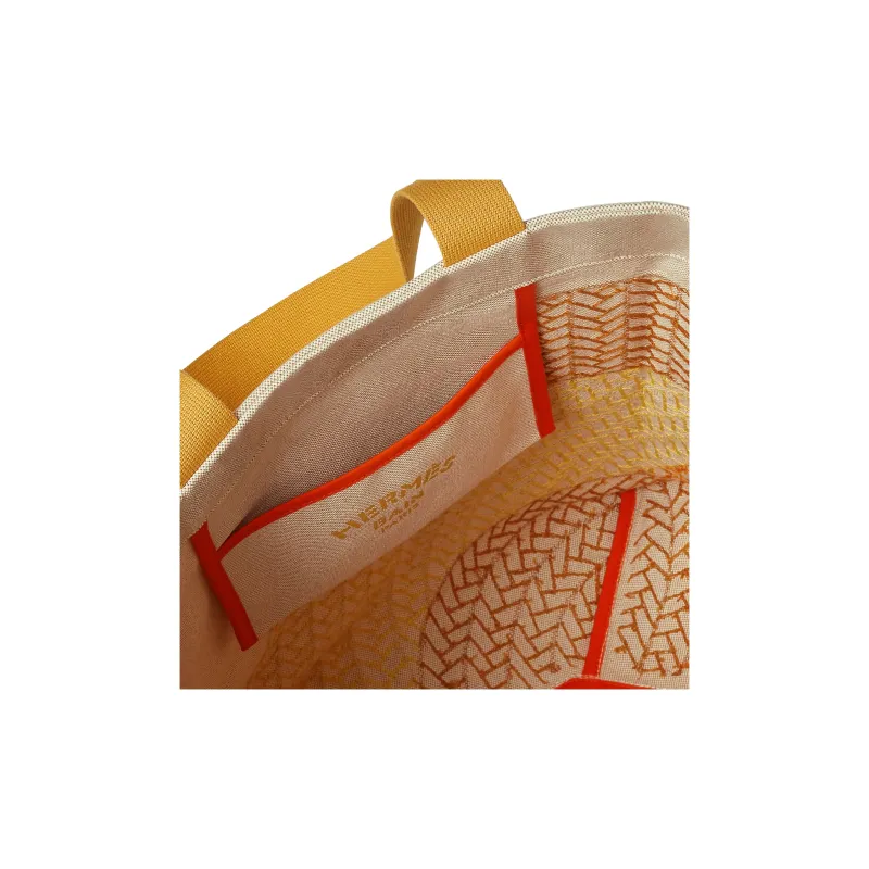 HERMES H Canvas Cotton Canvas Bag Beach Bag Handbags Women's Beige Yellow-4