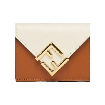 FENDI Leather Money Clip Card Holder Wallet Medium Size Women's White/Brown
