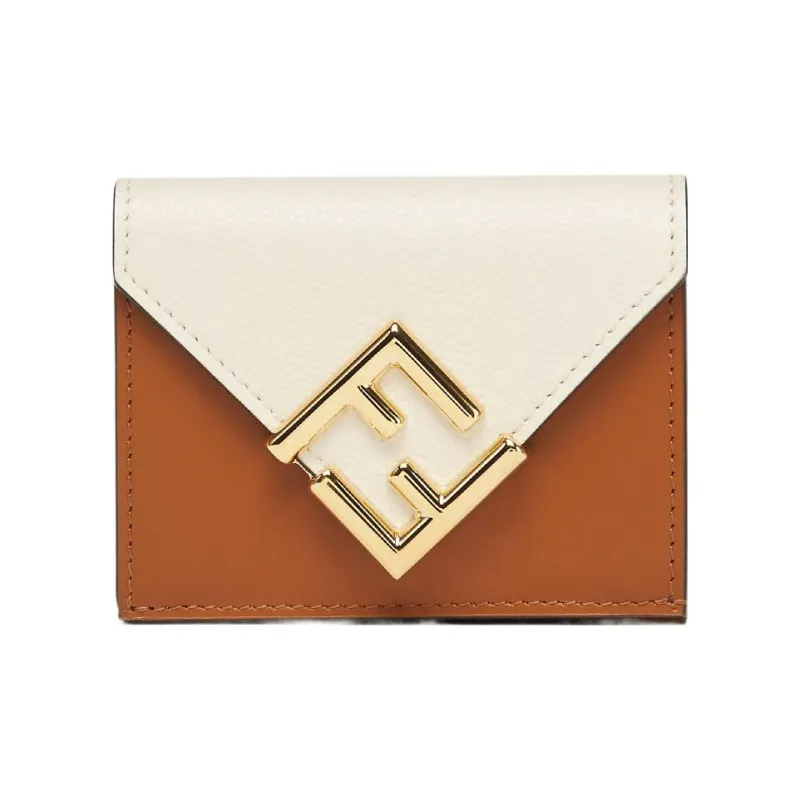 FENDI Leather Money Clip Card Holder Wallet Medium Size Women's White/Brown-0