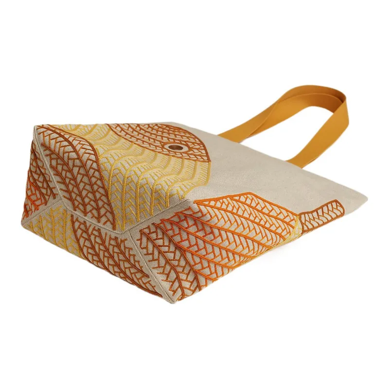 HERMES H Canvas Cotton Canvas Bag Beach Bag Handbags Women's Beige Yellow-3