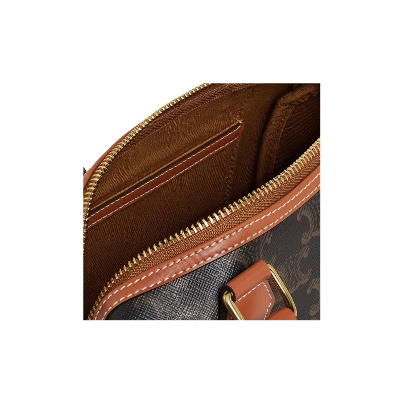CELINE Triomphe Canvas With Leather Boston Bag, Shoulder Bag, Crossbody Bag, Handbag Trumpets Women's Tan-6