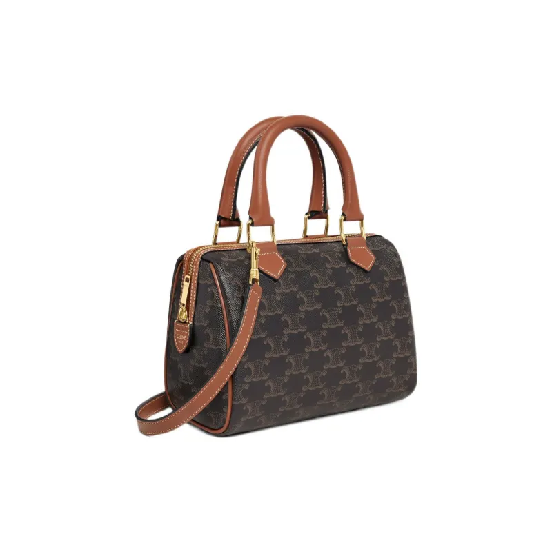CELINE Triomphe Canvas With Leather Boston Bag, Shoulder Bag, Crossbody Bag, Handbag Trumpets Women's Tan-1