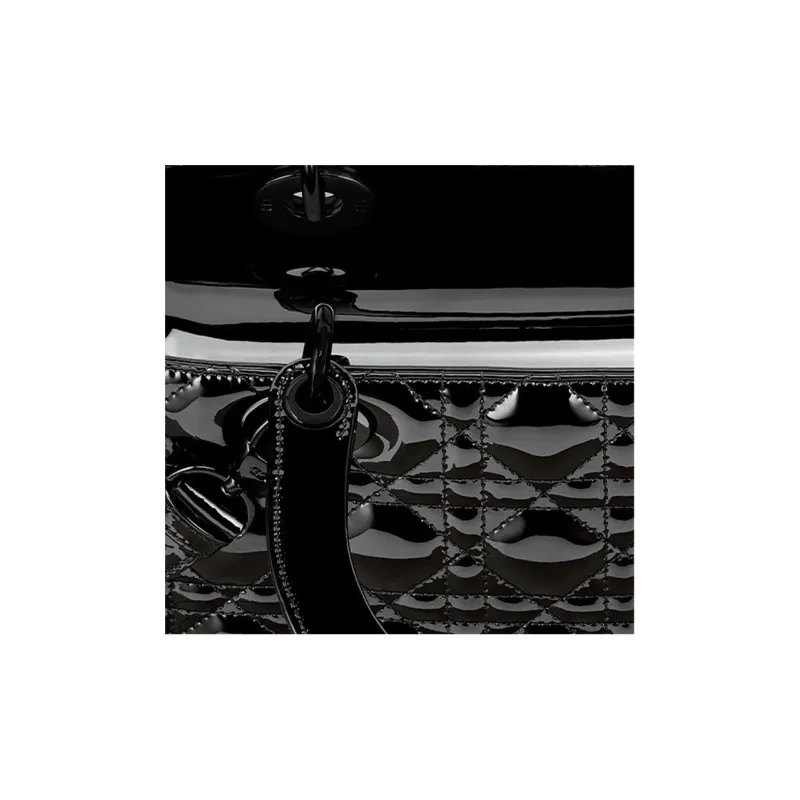 DIOR Lady Dior Shiny Patent Leather Cow Leather One Shoulder Handbag Crossbody Bag Medium Size Women's Pure Black-3