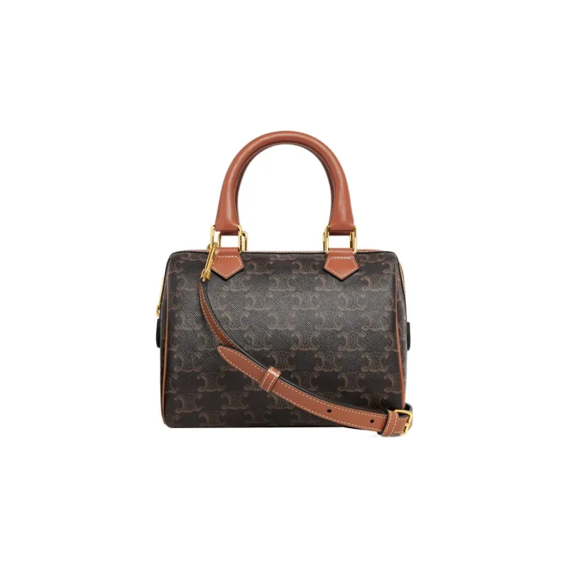 CELINE Triomphe Canvas With Leather Boston Bag, Shoulder Bag, Crossbody Bag, Handbag Trumpets Women's Tan-4