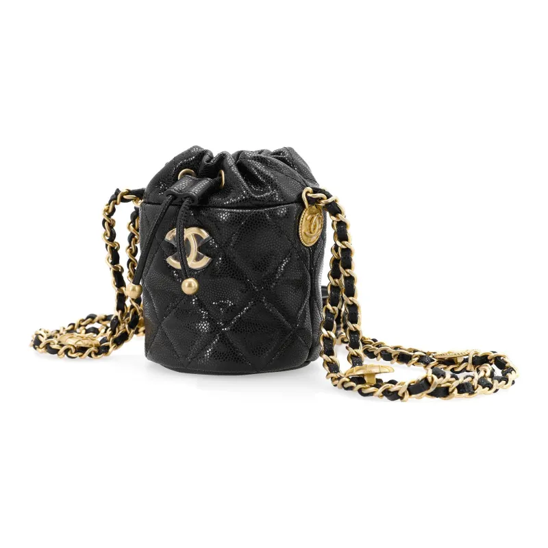 CHANEL 22A Early Autumn Grain Embossed Cow Leather Bucket Bag Crossbody Bag Mini Women's White/Black-6