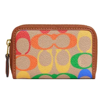 COACH Zip Around Coated Canvas With Exquisite Calfskin Coin Purses Wallets Women's Brown & Rainbow