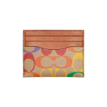 COACH Card Case Canvas With Calfskin Card Clip Card Holder Women's Brown & Rainbow