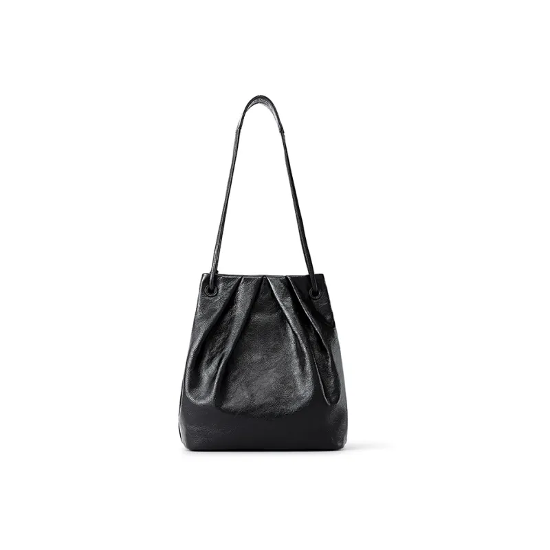 FION Cow Leather Genuine Leather Dome Bag Shoulder Bag Women's Black-4