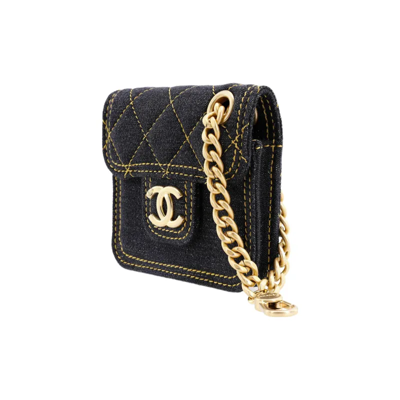 CHANEL Denim Earphone Case Charm Coin Purse Women's Black-1