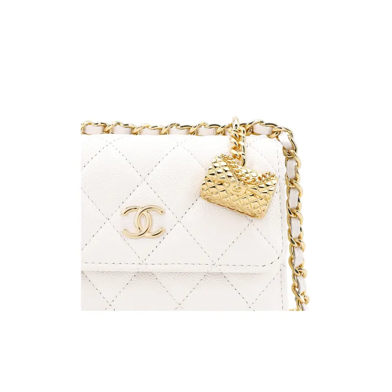 CHANEL WOC Grain Embossed Calfskin Flap Bag Clutch Portable Crossbody Bag, Shoulder Bag Trumpets Women's White-3