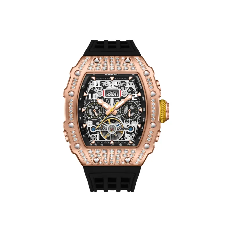 HANBORO Automatic Mechanical Movement Silicone Strap Watch Unisex Black Dial HBR900.2-7