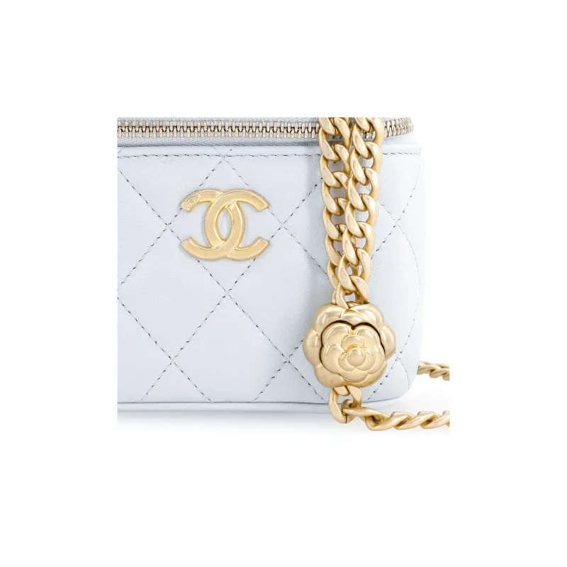 CHANEL Sheepskin Square Box Shoulder Bag, Crossbody Bag Trumpets Women's Light Gray Blue-5