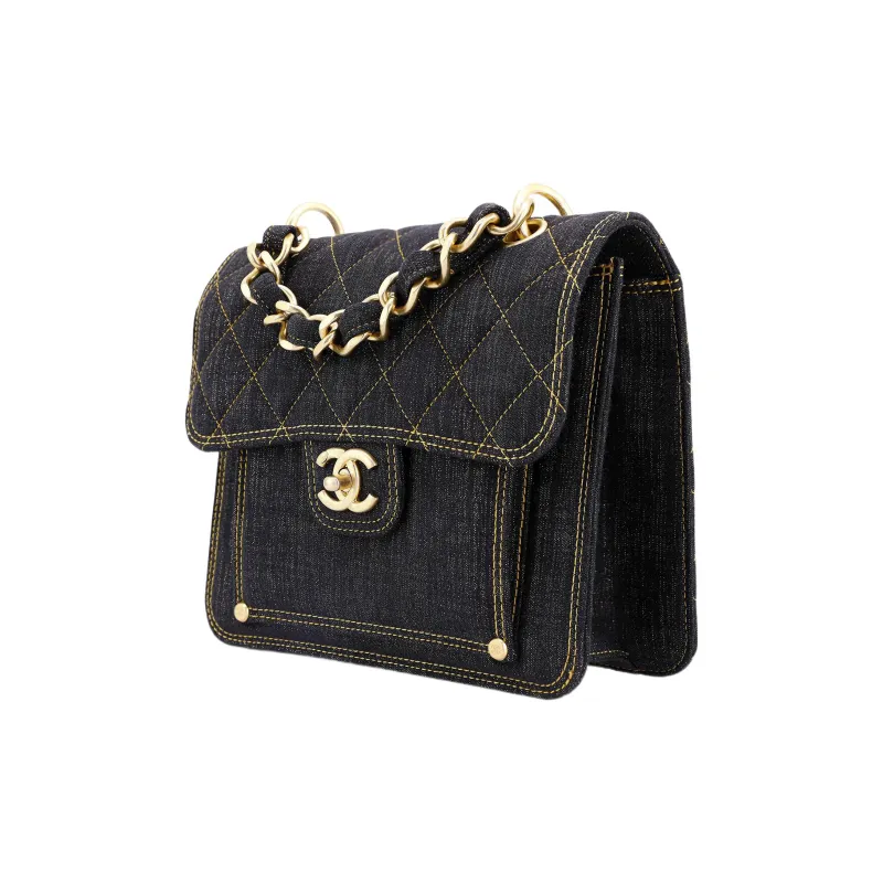 CHANEL Denim Messenger Bag Shoulder Bag Crossbody Bag Medium Size Women's Washable Denim Black Gray-1