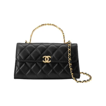 CHANEL Gold Metal With Lambskin Kelly Bag, Shoulder Bag, Crossbody Handbag Large Size Women's Black